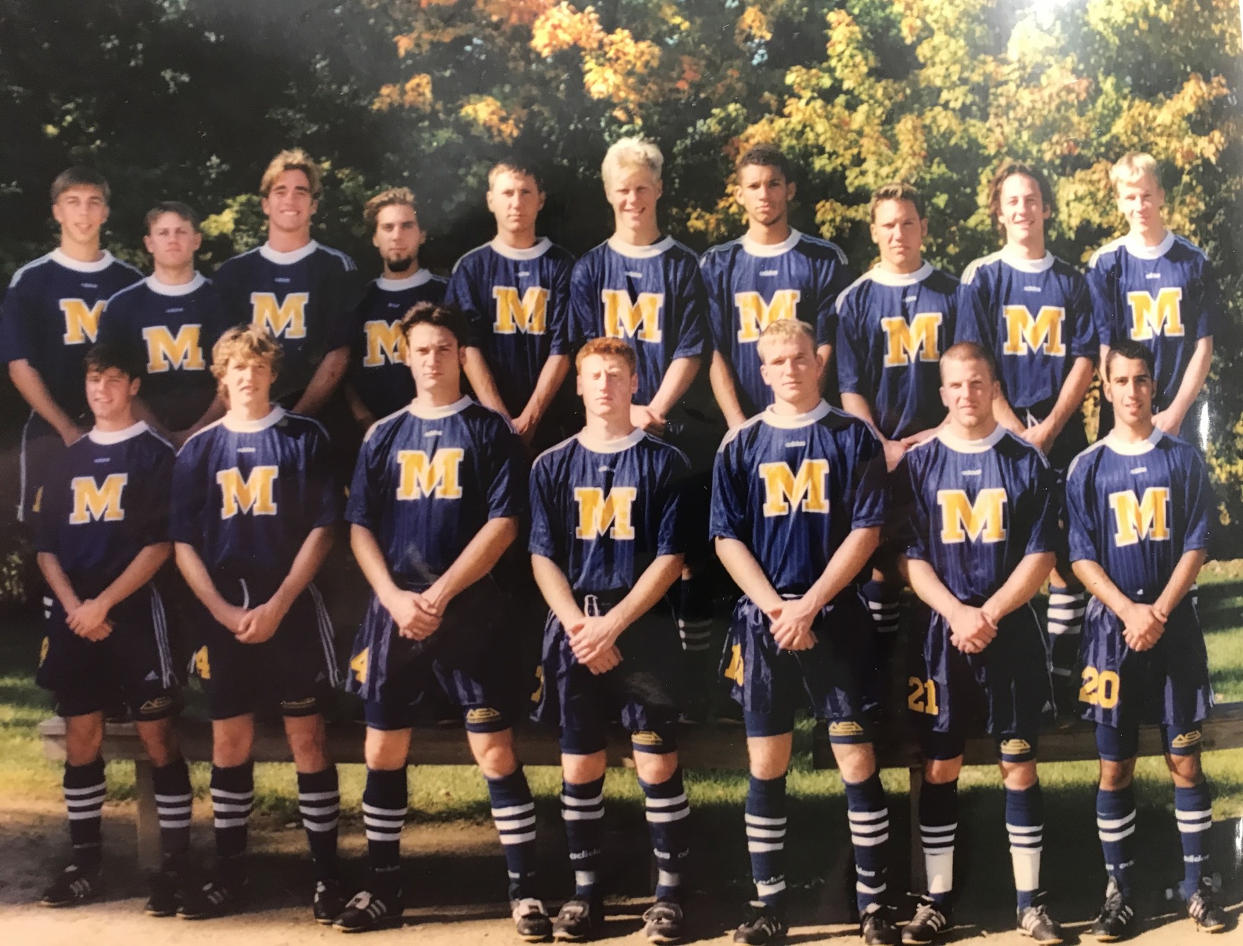 University of Michigan men's soccer team posing together outdoors